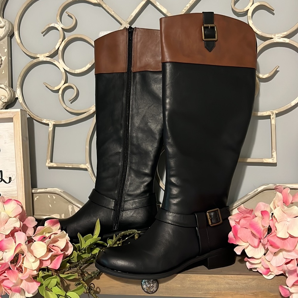 Solanz Full Length Boots Black Tan Zip up Gretchen Winter Dress Womens 7.5 New
